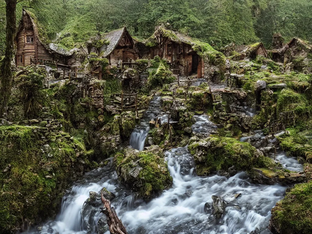 Image similar to medieval hobbit home, ornate, beautiful, atmosphere, vibe, mist, smoke, chimney, rain, wet, pristine, puddles, waterfall, melting, snow, creek, lush, ice, bridge, forest, flowers, james jean