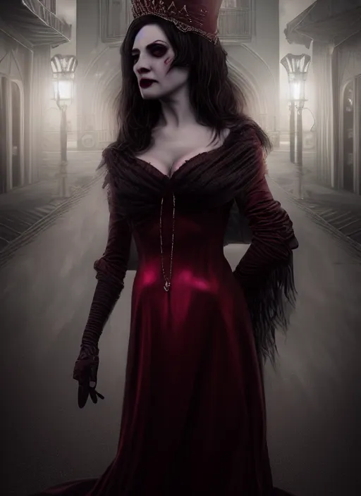 Image similar to realistic matte painting, full length portrait, the duchess of blood owns the las vegas night, vampire, highly detailed, CGsociety, subtle, concept art, HDR, hyper realistic, volumetric lighting, subsurface scattering, unreal