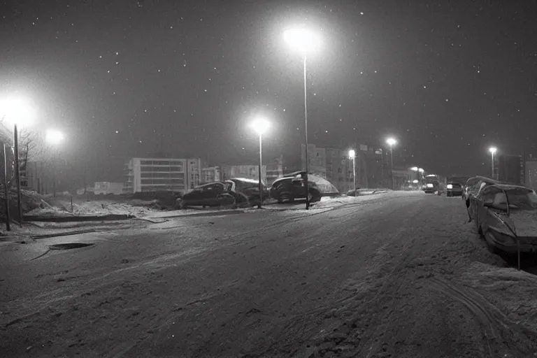 Image similar to an emty street of a city on the Moon called Noviy Norilsk, with a car at night with only by one street light, photo by Gregory Crewdson,