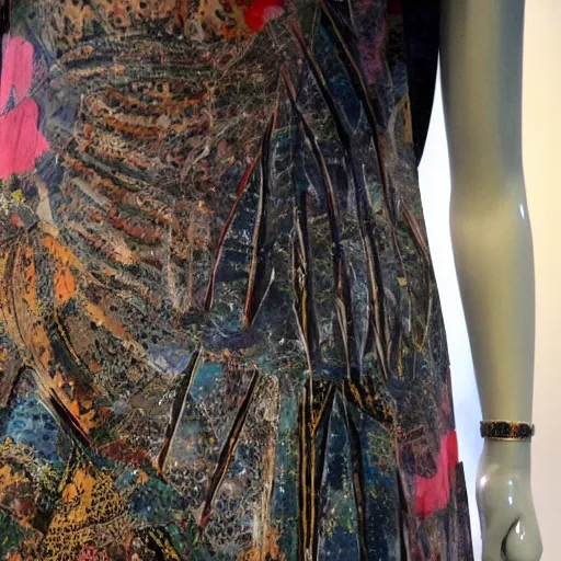 Prompt: close up of dress with print of a female body, in year 3000, catwalk, highly detailed