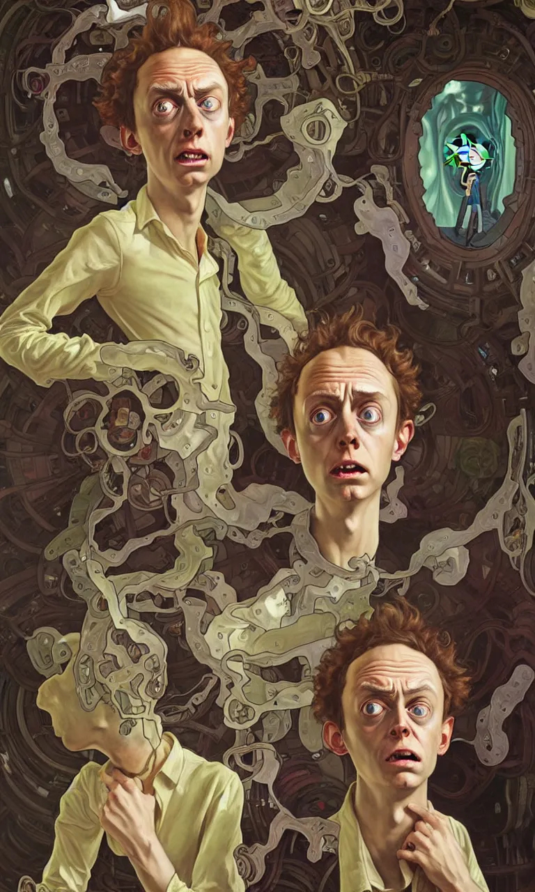 Prompt: hyper realistic grotesque portrait of an young dumb morty, from rick and morty, worried, interdimentional portal in the background, by lee bermejo, alphonse mucha and greg rutkowski