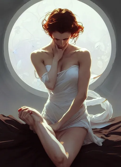 Image similar to beautiful woman in white, lying on a stage with eyes closed covered in blood, digital painting, artstation, concept art, smooth, sharp focus, illustration, art by artgerm and greg rutkowski and alphonse mucha