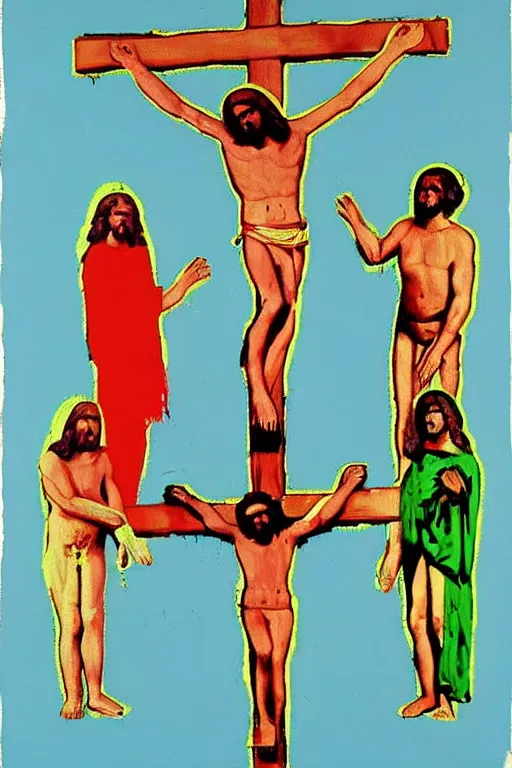 Image similar to jesus christ crucified and ufos in the background painted by andy warhol