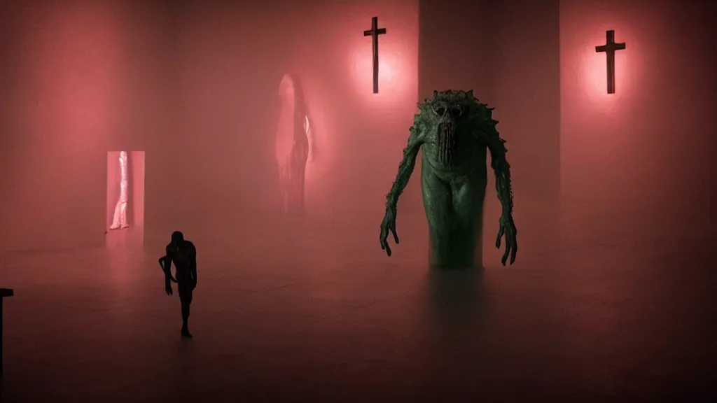 Image similar to the creature hanging out at church, made of glowing wax, they look me in the eye, film still from the movie directed by denis villeneuve and david cronenberg with art direction by salvador dali, wide lens