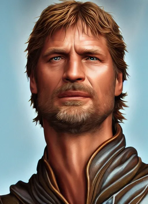 Prompt: jamie lannister by anne stokes and larry elmore, detailed matte painting, realistic portrait, symmetrical, highly detailed, digital painting, artstation, concept art, smooth, sharp focus, illustration, cinematic lighting, 8 k resolution