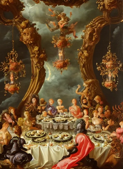 Image similar to a rococo painting of aliens eating at a banquet, dramatic painting, symmetrical composition, ornate, high detail, blooming, lights, flowers,