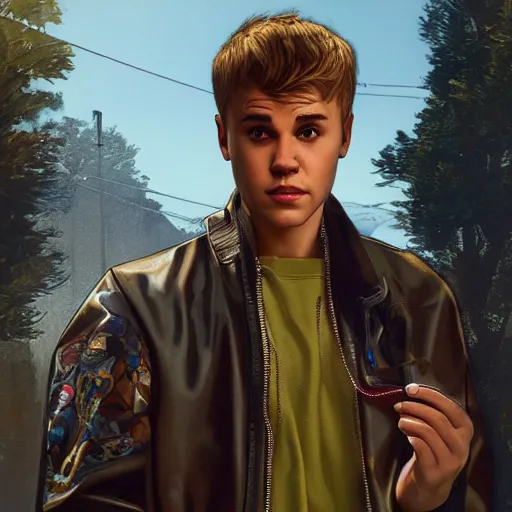 Image similar to Justin Bieber as a grand theft auto 5 loading screen, close shot, intricate, highly detailed, digital painting, artstation, concept art, sharp focus, illustration, art by greg rutkowski and alphonse mucha
