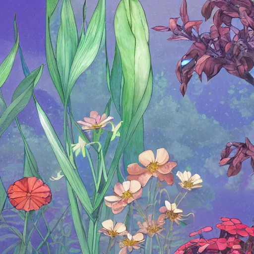 Image similar to synthetic elements of gouache painting of flowers and flower borders source material, style of studio ghibli, makoto shinkai, raphael lacoste, louis comfort tiffany, artgerm, james jean, ross tran