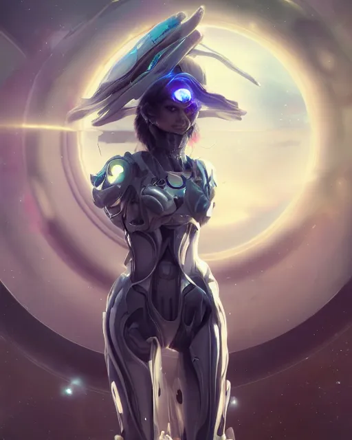 Image similar to perfect android girl on a mothership, warframe armor, beautiful face, scifi, futuristic, galaxy, raytracing, dreamy, digital painting, long white hair, blue cyborg eyes, atmosphere, sharp focus, nebula, highly detailed, artstation, intricate, innocent, art by gauthier leblanc, kazuya takahashi, huifeng huang
