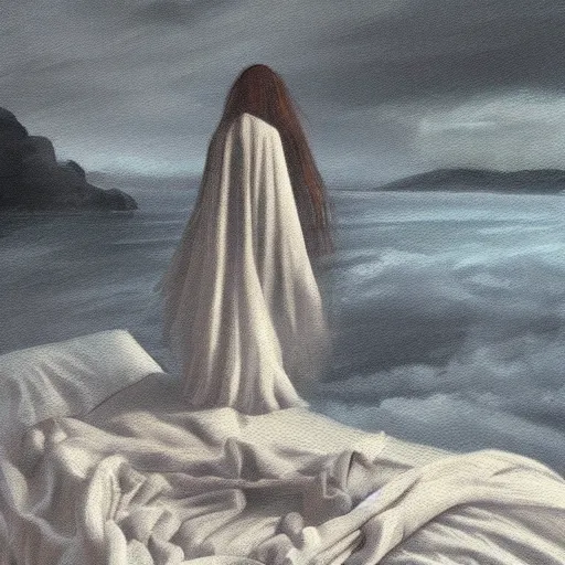 Image similar to ominous bedsheet ghost floating above the ocean, oil painting, brush strokes, gloomy foggy atmosphere, symmetrical, full body image, highly ornate intricate details,