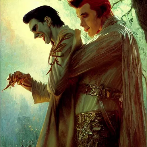 Image similar to attractive male fairy of the forest confesses his love to attractive male dracula the vampire. highly detailed painting by gaston bussiere, craig mullins, j. c. leyendecker 8 k