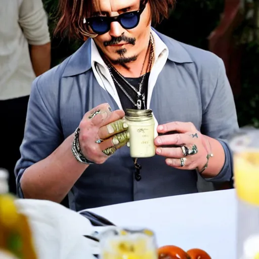 Image similar to Johnny Depp eating mayonnaise directly out of a jar with his hand