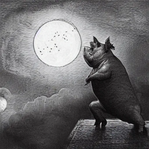 Prompt: pig in a tuxedo, in front of the moon, dark clouds, high detail, dramatic light, illustration by gustave dore