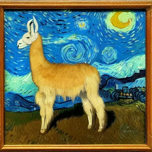 Prompt: oil painting by van gogh of a llama.