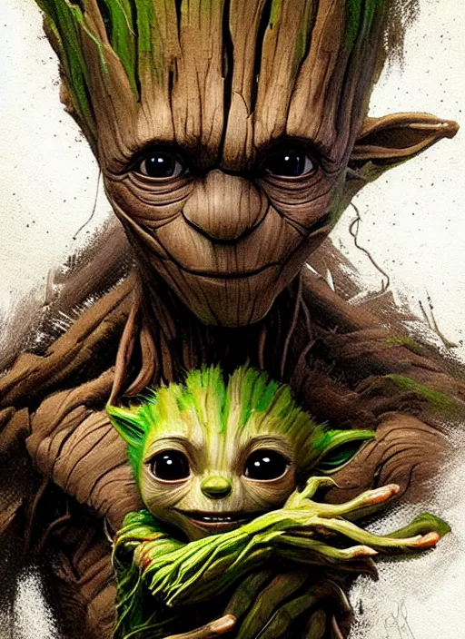 Image similar to very detailed masterpiece painting of groot holding yoda, portrait, artstation, concept art by greg rutkowski