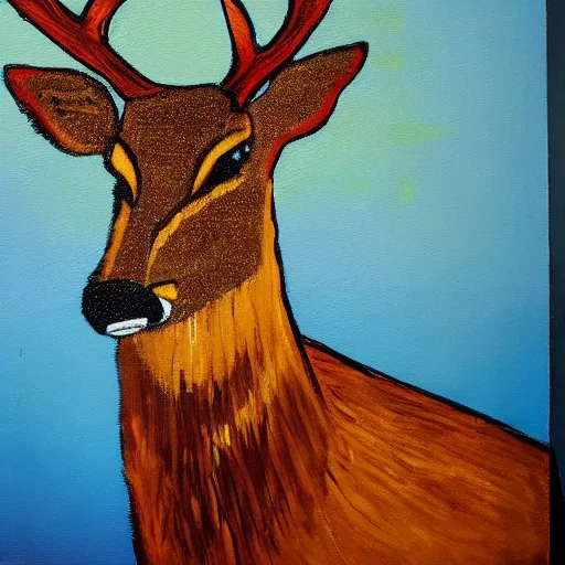 Prompt: deer with a cigarette in its mouth, artistic, painterly, expressive great contrast, brown and green, rule of thirds, dripping paint, thick strokes
