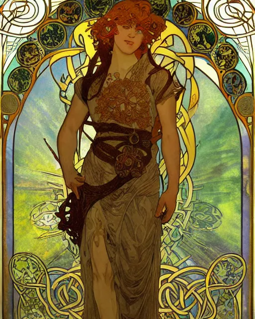 Prompt: an art nouveau painting of a the celtic god lugh, beautiful, shining sun, highly detailed, intricate, artstation, by alphonse mucha and james gurney