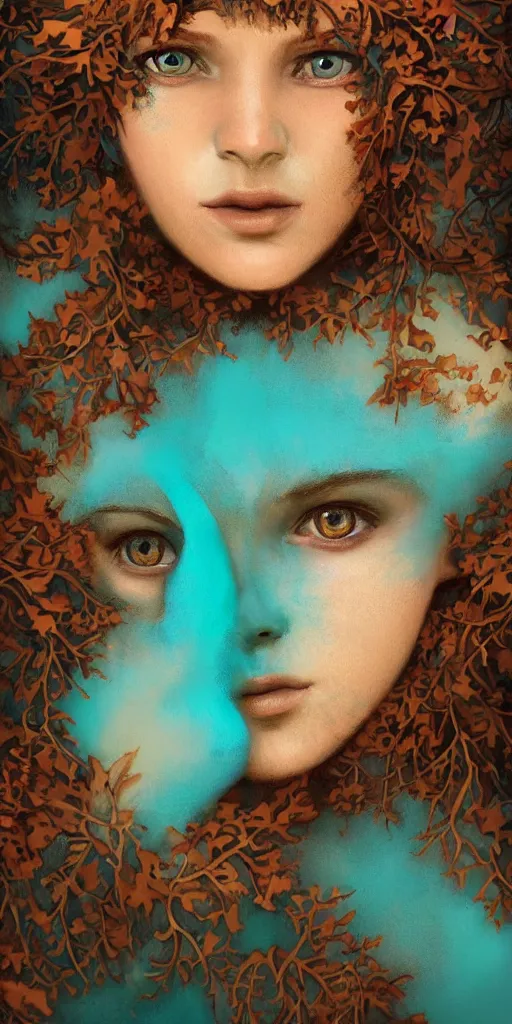 Image similar to beautiful digital painting of freya allan with teal skin and antlers made of wood on her head, brown curly hair with orange oak leaves, heart shaped face, D&D, fantasy, intricate, beautiful eyes, cinematic lighting, highly detailed, digital painting, Artstation, concept art, smooth, sharp focus, illustration, art by Artgerm and Greg Rutkowski, Alphonse Mucha and Rossdraws