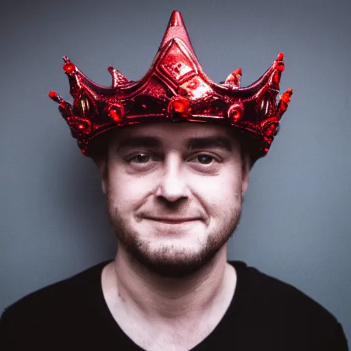 Image similar to man with a crown, smirk, photograph, black backgrounds, glowing red eyes