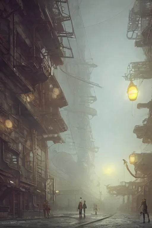 Image similar to a highly detailed matte painting of a soviet steampunk industrial zone in fog at night by studio ghibli, makoto shinkai, by artgerm, by wlop, by greg rutkowski, volumetric lighting, octane render, 4 k resolution, trending on artstation, masterpiece