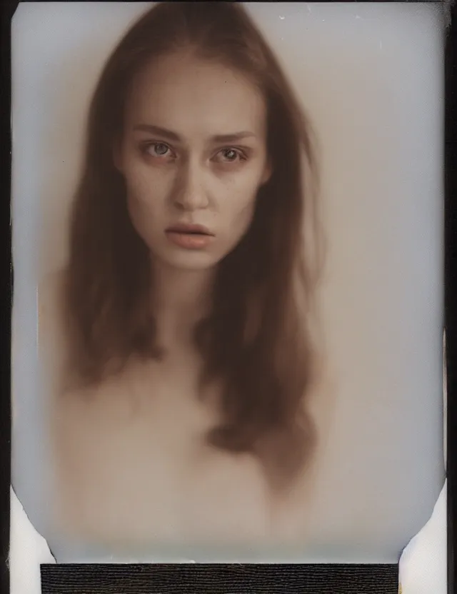 Image similar to polaroid photo with flash, slavic model, polaroid photo bleached strong lights, kodak film stock, hyper real, stunning moody cinematography, with anamorphic lenses, by maripol, detailed