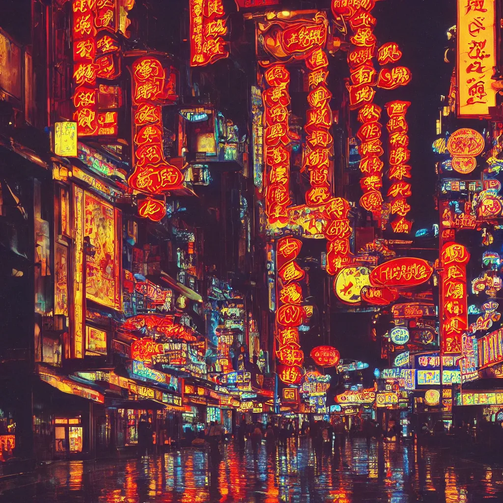 Prompt: a street lined with chinese casinos and nightclubs, bathing in lighting from neon signs, rainy afternoon, 1 9 9 5