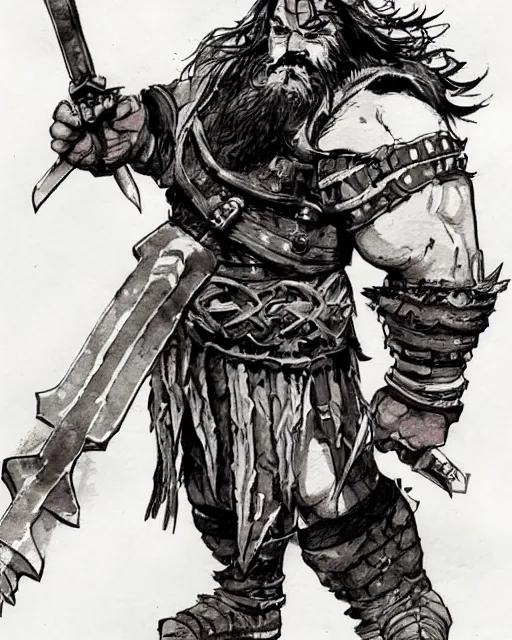 Image similar to Dwarf Barbarian, drawn by Yoji Shinkawa, water color, Dungeons and Dragons, Wizards of the Coast