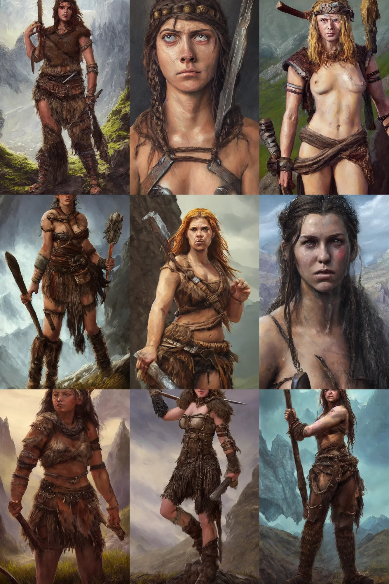 Prompt: a full body high detail fantasy portrait oil painting illustration of a single young rugged stoic barbarian woman by Justin Sweet with face and body clearly visible, in a scenic background, pupils visible, realistic proportions, d&d, rpg, forgotten realms, artstation trending, high quality, sombre mood, artstation trending, muted colours, no crop, entire person visible!, natural light, Adobe Photoshop, Adobe Lightroom, photolab, Affinity Photo,