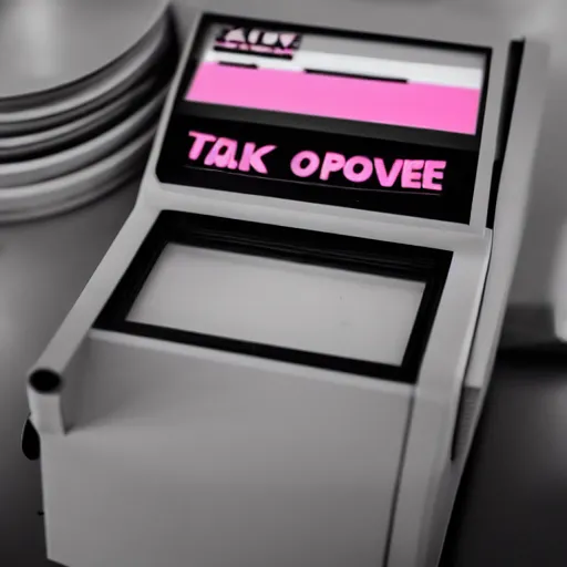 Prompt: a filmic polaroid photo of tickets printing from a ticket machine with symbols, vector graphic design of pale pink airline tickets that read “ to the metaverse ” in bold text, alien ar code and e - ink display, highly detailed, no noise, coherent text english characters