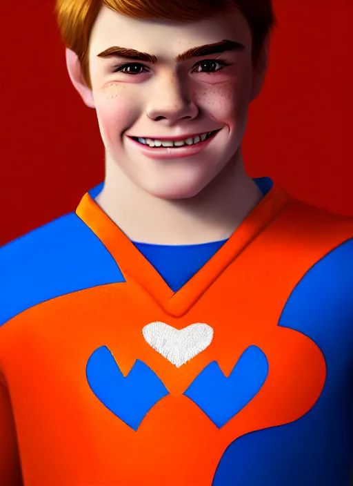 Image similar to friendly teenage archie andrews wearing an orange superhero costume with heart logo, heart, freckles, blue cape, heart emblem on chest, blue cape, intricate, elegant, glowing lights, highly detailed, digital painting, artstation, sharp focus, illustration, art by wlop, mars ravelo and greg rutkowski