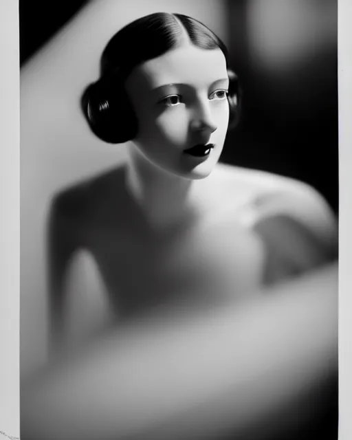 Image similar to black and white dreamy young beautiful female artificial intelligence, cinematic, rim light, bokeh, photo - realistic, elegant, high detail, 8 k, masterpiece, photo taken in 1 9 3 0 by cecil beaton