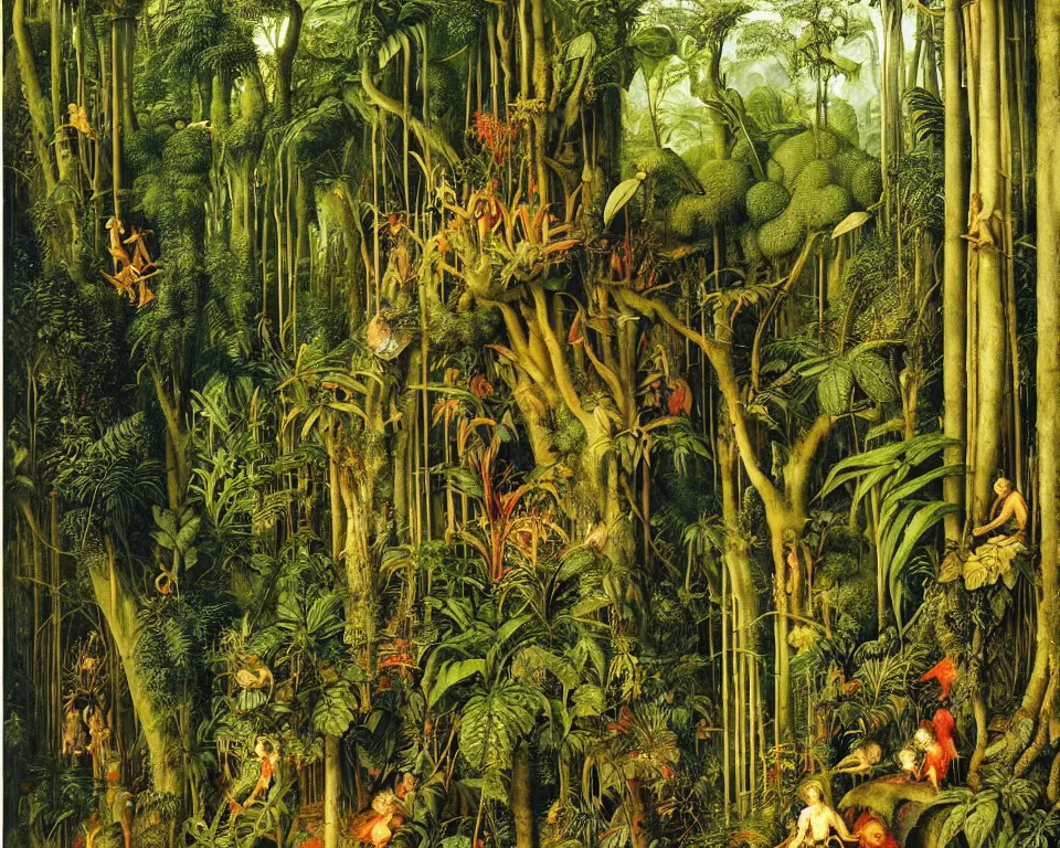 Image similar to a bookshelf in the rainforest by albrecht altdorfer. hyperdetailed, proportional, romantic, enchanting, achingly beautiful, graphic print, trending on artstation, jungle, tropical, foliage