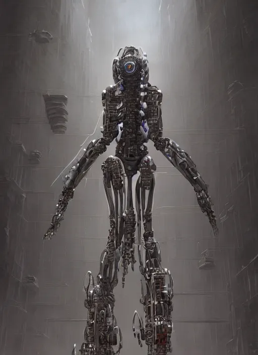 Image similar to cybernetically enhanced robot concept, by roberto aizenberg, zdzisław beksinski, brian despain, peter gric and gurmukh bhasin, hyper detailed digital matte painting, dramatic lighting, concept art, hyperrealism, cinema 4 d, coherent, cgsociety, zbrush central, behance hd, hypermaximalist