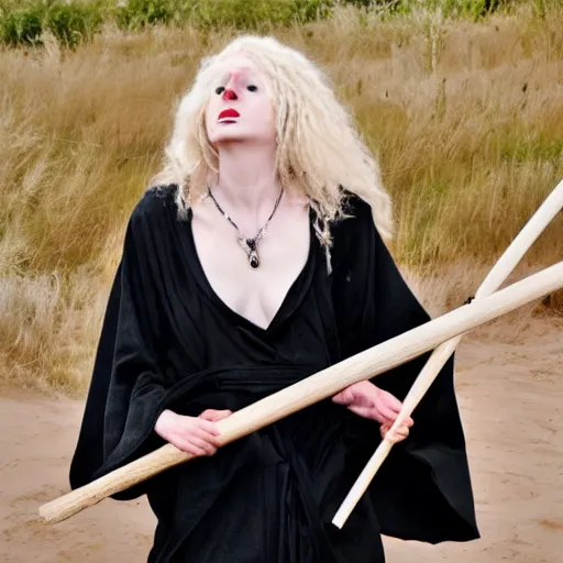 Prompt: a blonde woman in a black robe throwing up, a beautiful english woman with a long face narrow nose pale skin blue eyes red lips and wild messy tangles of curly white blonde hair, high resolution film still wearing a black robe and skull necklace and holding a spear, sandy, a journey to the west