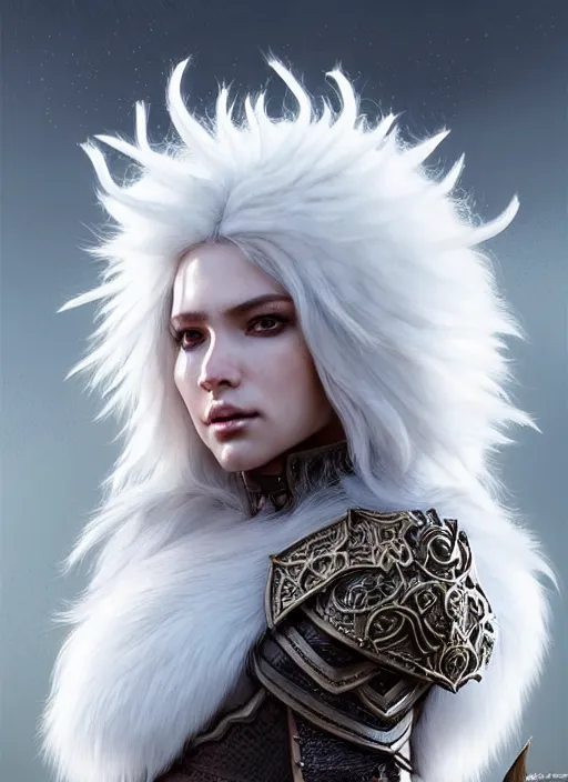 Image similar to fur coated armor!!! long wild white hair!! covered chest!!! fantasy, d & d, intricate ornate details, symmetry, concept art, sharp focus, illustration, art by artgerm! greg rutkowski magali villeneuve wlop! ilya kuvshinov!!, octane render, unreal engine 5, highly rendered!!