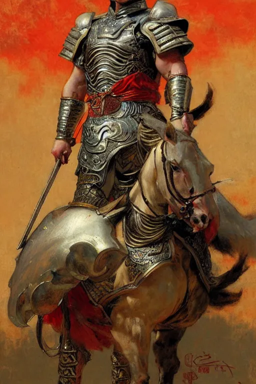 Prompt: beefy male wearing armor, tang dynasty, colorful, painting by gaston bussiere, craig mullins, j. c. leyendecker, tom of finland