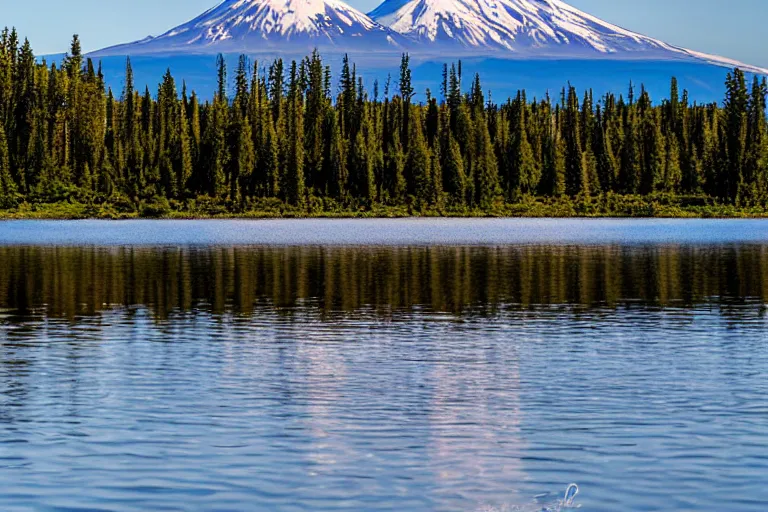 Prompt: Spirit Lake Washington with Mt. St. Helens in the background, panoramic view