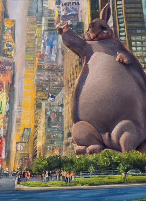 Image similar to an oil painting of big chungus in the middle of new york; an extraordinary masterpiece!!!