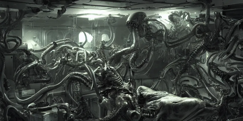 Prompt: Biolevel 4 Xenomorph experiment gone wrong in Weyland Yutani bio labs, by Chris Tulloch McCabe, realistic, detailed, trending on artstation, wallpaper, wide angle, 16mm