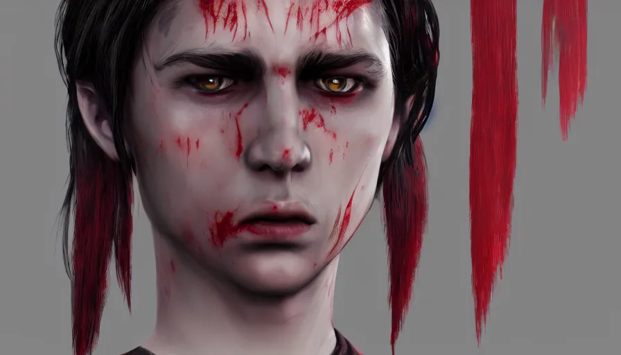 Image similar to a digital art portrait of a young vampire warrior with red eyes and ponytail hairstyle character design from dark souls, blood mage character sheet, 4 k, ultra detail, volumetric lighting, unreal engine, octane render