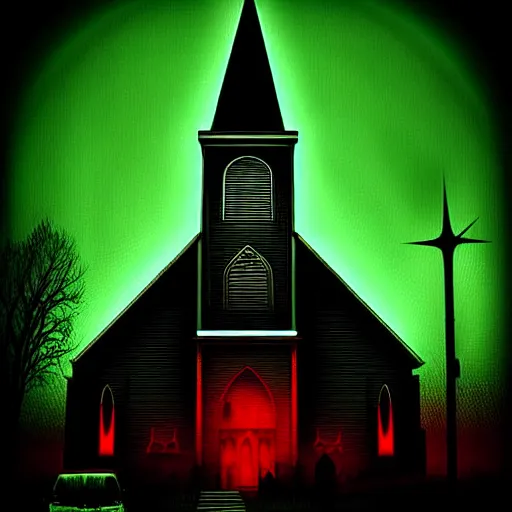 Prompt: The church of misery, cyberpunk, dark, digital art, night, scary, creepy