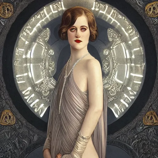 Image similar to full figure ultra realistic illustration, evan rachel wood wearing a 1 9 2 0 s flapper dress, 1 9 2 0 s hair, 1 9 2 0 s brooklyn, intricate, elegant, highly detailed, digital painting, artstation, concept art, smooth, sharp focus, illustration, art by artgerm and greg rutkowski and alphonse mucha