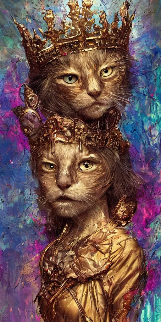 Image similar to a humanoid king old cat with a crown, Atmospheric beautiful by Stanley Artgerm, Tom Bagshaw, Arthur Adams, Carne Griffiths, trending on Deviant Art, street art, chillwave, maximalist, full of color, glittering, 8k, hd