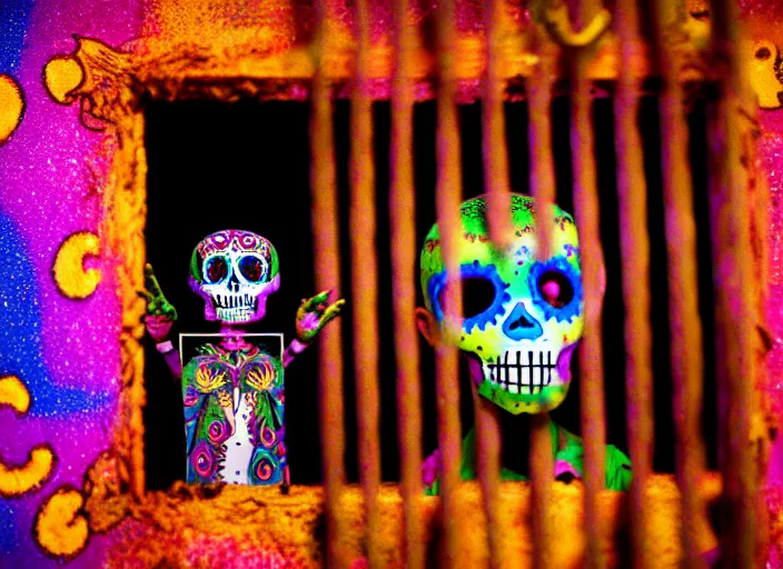 Prompt: a child wearing dia de los muertos costume sits in a cage, behind bars, during a laserium lasershow, whispers secrets to her alejbrie animal spirit. sharpe matte painting, lowbrow, pop surrealism art style, alebrijes aesthetic, contemporary art illustration, photography by steven curry, ultra real 8 k photography