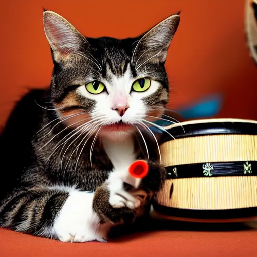 Image similar to a cat playing the bongos, stock photo