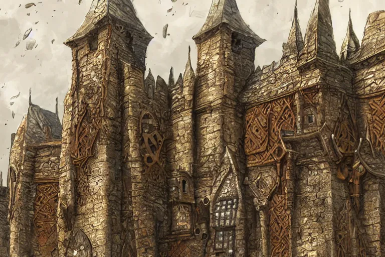 Image similar to A medieval keep, metal, iron, texture, intricate, details, highly detailed, masterpiece, architecture, building, trending on artstation, focus, sharp focus, concept art, digital painting, fantasy, D&D, tabletop, rpg, roleplay