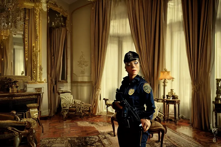 Prompt: cinematography closeup portrait of a woman cop in an decadent mansion foyer by Emmanuel Lubezki