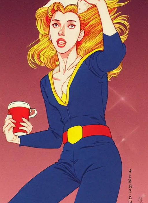 Image similar to realistic portrait of scarlett johansson as a sailor moon, making the coffee, early morning, light falling on face, futuristic, highly detailed, 8 0 - s style poster, sharp focus, illustration, art by kawase hasui,