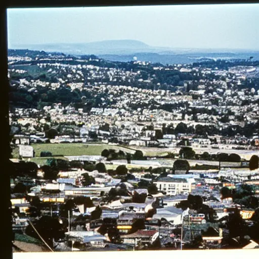Prompt: this photograph was taken around the new year of 1 9 7 0. the view is over the suburb of epsom. in the right distance is cornwall park, greenlane hospital, and then maungakiekie / one tree hill. from a found kodachrome slide.