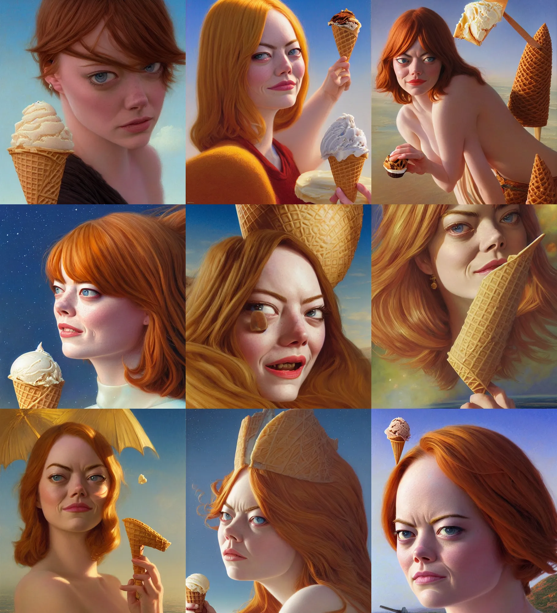 Prompt: emma stone's head on top of an ice cream cone, epic composition, 2 0 0 mm focal length, donato giancola, tim hildebrandt, wayne barlow, bruce pennington, larry elmore